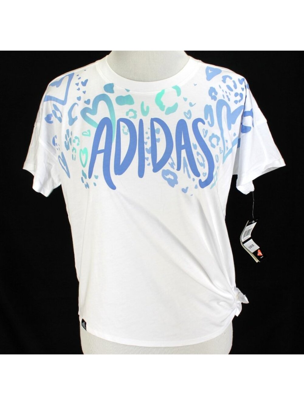 Adidas Tee Shirt Girls Sz L 14 White Blue Short Sleeve Side Tie Cotton Top NEW